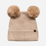 Beanie with Double Pompom and Soft Lining Camel